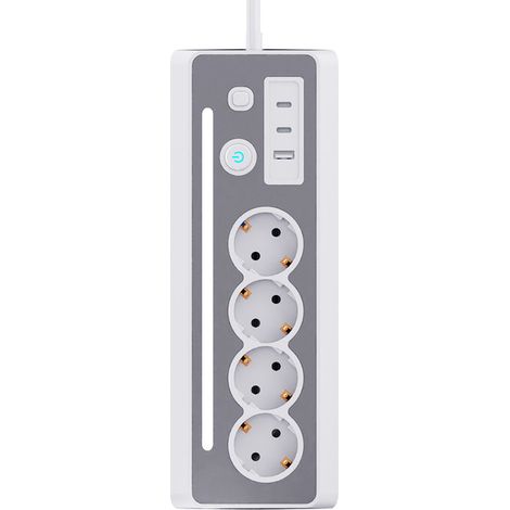 Multiprise d'angle 90° 4 prises Schuko + 2 USB-C + 1 USB-A – Protection parafoudre 3680W/16A – Câble 1,5m avec interrupteur LED – Cilia