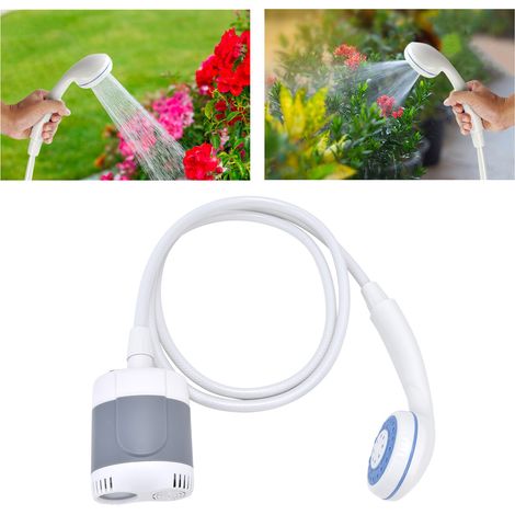Tragbarer Camping-Duschkopf mit integrierter Wasserpumpe, LED-Licht und USB-Ladeanschluss. Grau und weiß. (1/5)