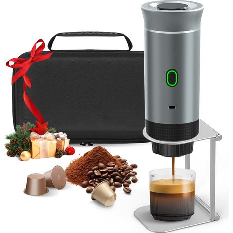 Machine à Café Portable, 3 en 1 Cafetière Expresso avec Support et Sac, Batterie Rechargeable 7500mAh, Compatible Capsules et Café Moulu, Pour Voyage, Camping, Voiture, Bureau(Argenté) (1/5)