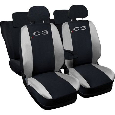 Lupex shop - Coprisedili Auto Compatibili per C3, Made In Italy, set di copri sedili anteriori e posteriori con copri poggiatesta incluso, tessuto poliestere, colore - Nero / Grigio Chiaro