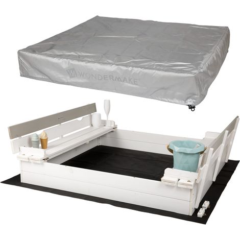 WONDERMAKE® Design Sandkasten mit Abdeckung Deckel Sitzbank und Boden, Sandkiste Holz quadratisch verschließbar mit Bank Outdoor Garten für Kinder, 120x120 cm, Tanne, weiß grau silber (1/5)