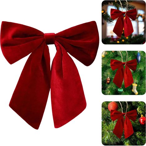 Ribbon Noël - Bow Velours Rouge - Pour Décoration Arbre De Noël Guirlande Porte Mur Extérieur Intérieur - 14 x 13 Pouces - 1 Pièce (1/5)