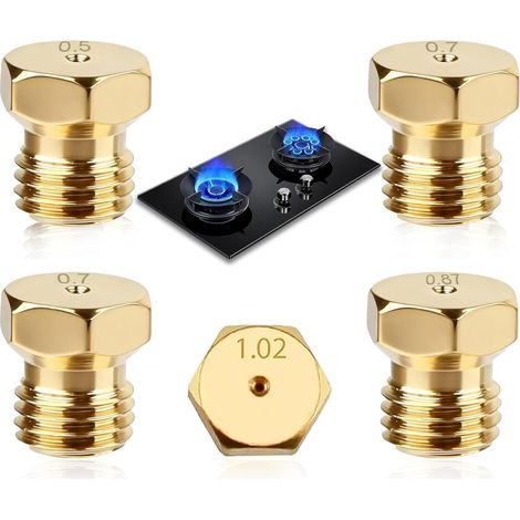 Lot de 5 Gicleur Gaz Butane,Injecteur de Gaz Bouteille Kit de Conversion, Bouteille Gicleur Brûleur 0,5/0,7/0,87/1,02,Butane pour Buses et Injecteurs pour Bruleur Gaziniere