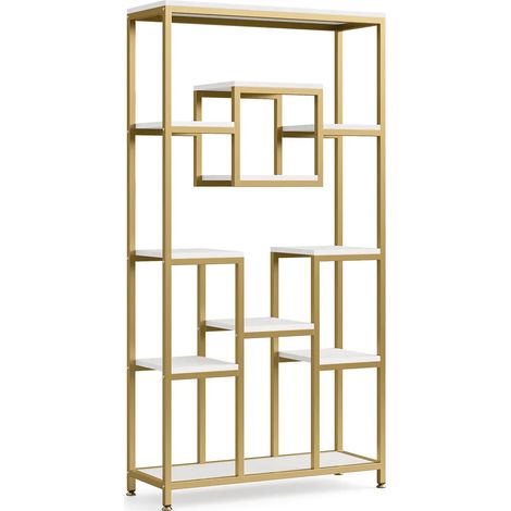 CHICFURN Estantería abierta 90 x 34 x 182 cm de metal y madera, dorado y blanco (1/5)