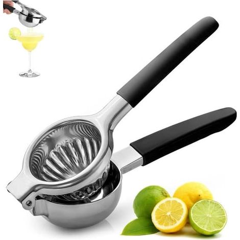 Presse-citron en acier inoxydable (1 pièce), presse-agrumes en métal, presse-citron et autres fruits avec poignée en silicone, grand format, design ergonomique avec poignée (noir) (1/5)