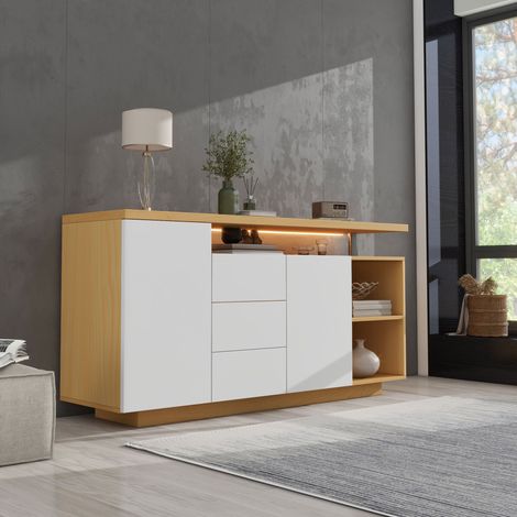 Buffet multifonction 140 cm avec LED, 2 portes, 3 tiroirs et 2 niches, blanc et chêne DESVIAE (1/5)