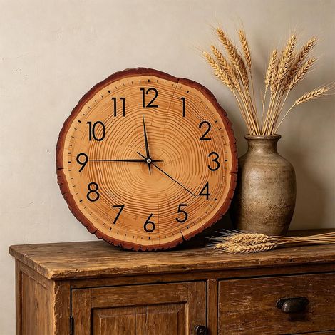 Horloge murale aspect bois - 30 cm - Style maison de campagne - Marron - Avec anneau annuel - Horloge murale vintage rétro décorative - Silencieuse - Sans bruit de tic-tac - Pour salon, chambre (1/5)