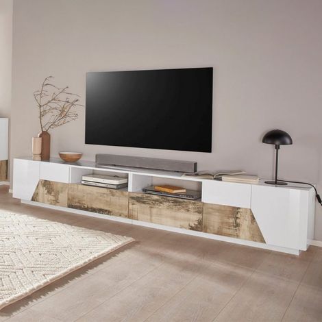 Ahd Amazing Home Design – Meuble TV moderne 260x43cm en bois mélaminé blanc – 2 tiroirs coulissants – 2 compartiments ouverts – Design italien (1/5)