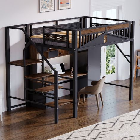 Lit mezzanine 140x200 avec escalier de sécurité et espace de rangement, cadre de lit surélevé 2 places en métal noir design industriel (1/5)