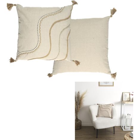 Coussin - HOME DECO FACTORY - Beige et Blanc - Pompons (1/5)