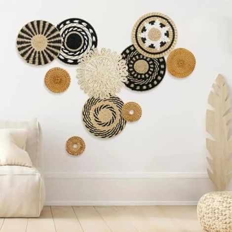 Décoration Murale Ronde Bohème, Lot de 10 Paniers Muraux à Suspendre En Rotin Paniers Muraux Boho Panier Mural Tissé à Suspendre Rustique Décoration Salon Boheme Decoration (1/5)