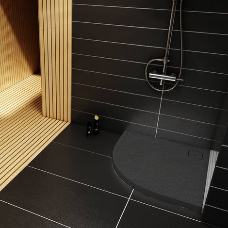 Receveur de douche en acrylique noir - structure en pierre - semi circulaire R55 - QUANTI - 100 x 100 (1/5)