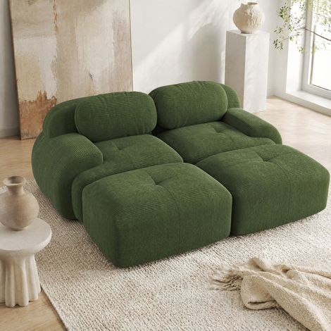 Canapé-lit modulable 208×178×75cm –Canapé 2 places en velours côtelé Vert– Repose-pieds amovibles –Design ergonomique – 32D Hautement élastique (1/5)