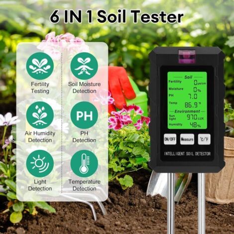 Testeur de sol multifonctionnel 6 en 1 : mesure la fertilité, l’humidité, le pH, la température et l’intensité lumineuse comprend un écran lumineux - Horticulture et plantes (1/3)