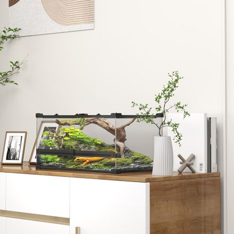 Terrarium vitré pour reptiles avec fond imperméable surélevé, fermeture par bouton