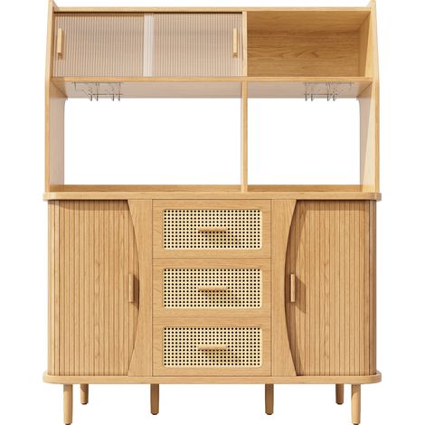 Aparador alto de cocina con puertas correderas de cristal y 3 cajones 140x40,5x174,5 cm (1/5)