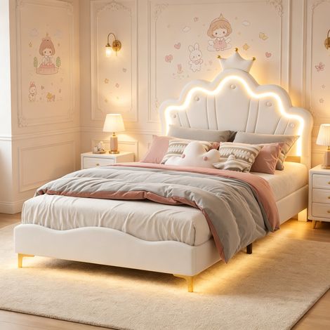 Lit capitonné 140×190cm avec lumière LED,lit princesse double avec couronne,lit fille avec tête de lit réglable，sommier à lattes，lit ados，PU，Beige