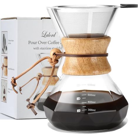 Kaffeemaschine mit Filter aus wiederverwendbarem Edelstahl, Kaffeekaraffe aus Borosilikatglas, Holzhandel, Manuelle Kaffeemaschine, Fassungsvermögen 600 ml (3 Tassen) (1/5)