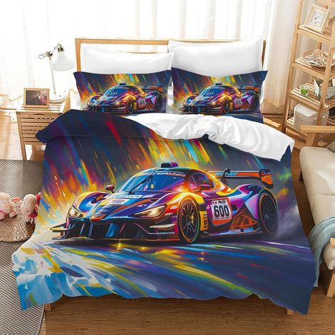 Housse de Couette Voiture de Course 135×200 cm Parure de Lit Voiture de Course pour Garçons 1 x Housse de Couette en Microfibre + 2 x taie d'oreiller 50 x 75cm (SC3) (1/5)