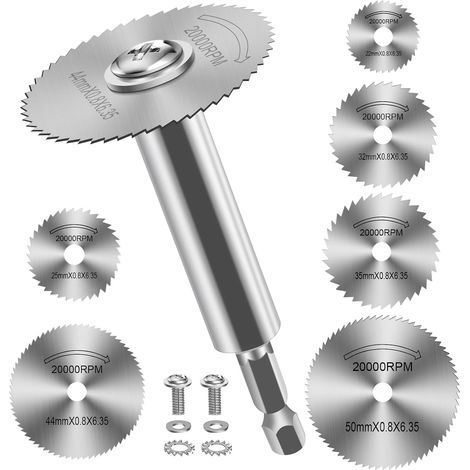 7 Pièces Disques de Coupe pour Perceuse, HSS Lames de Perceuse à Disque avec (100mm) tige Hexagonale 1/4", Mini Lames de Scie Circulaire pour Bois, Plastique et Métal (1/5)