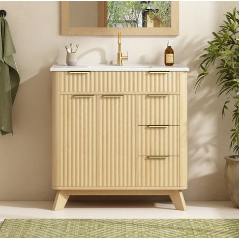 Mobile da bagno con lavabo in ceramica, 81 x 47 x 90 cm, 3 cassetti, legno naturale OKMYHOME (1/5)
