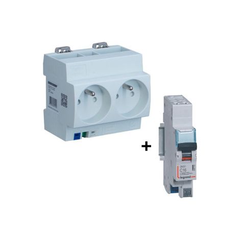 Legrand - Disjoncteur 16A Auto + Double Prise Modulaire Pru00e9cu00e2blu00e9 2P+T DIGITAL - Ru00e9f. : 04564 + 406783