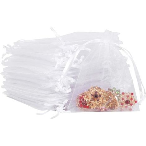 100 sacchetti in organza trasparente con chiusura a coulisse, per matrimoni e feste, 7 x 9 cm + 9 x 12 cm, bianchi (1/4)