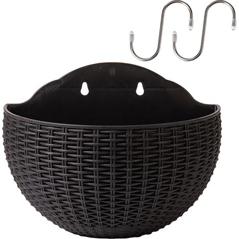 Hängender Wandpflanztopf mit Rattanimitat, halbkreisförmiger Wandpflanztopf mit automatischem Bewässerungssystem und doppeltem PP-Reservoir für den Innen- und Außenbereich, Balkon, schwarz (21 x 16,5  (1/5)
