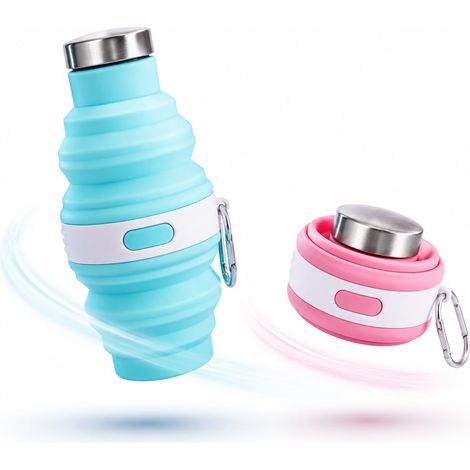 Lot de 2 bouteilles d'eau en silicone pliables, contenant d'eau portable réutilisable pliable avec couvercle en acier inoxydable et mousqueton, bouteille de voyage compacte étanche adaptée à la salle (1/5)