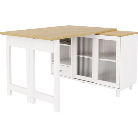 Table à manger pliante extensible avec rangement, plateau rotatif 360°, MDF et verre, blanc et naturel (1/5)