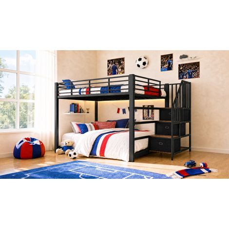 Letto a castello per adulti 140x200 cm in metallo nero con scala contenitore e LED - CHICFURN (1/5)