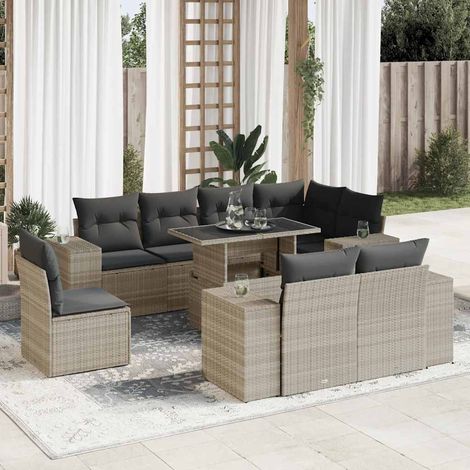 Ensemble de jardin modulaire 9 pièces en résine tressée gris clair avec table à hauteur réglable et coussins lavables - Table 100cm, sièges avec rangement, résistant aux UV (1/5)