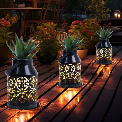 Solarlampen für Außen Balkon Deko Muster Gartendeko Metall Solarlaterne hängend Pflanzgefäß, schwarz, LED, DxH 10x16 cm, 3er Set