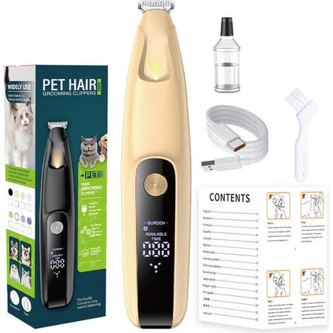 Tondeuse à poils pour pattes de chien, étanche, avec lumière LED, écran et rechargeable, pour chiens et chats (pattes, visage, oreilles), couleur or. (1/5)