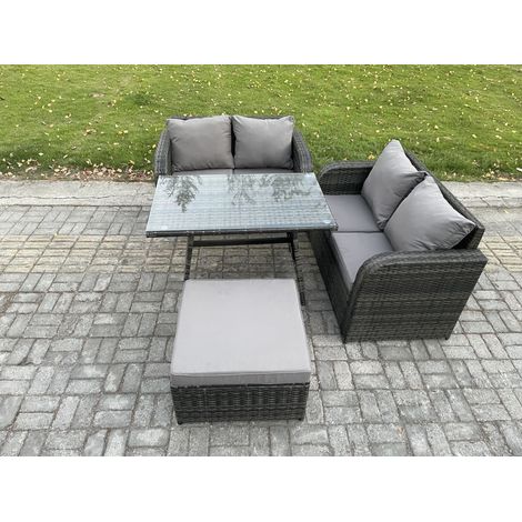 Fimous Gartenmöbel-Sets 4 Stücke Polyrattan Möbel Sofa Sets mit Rechteckiger Esstisch Love Sofa 2 Großer Hockern