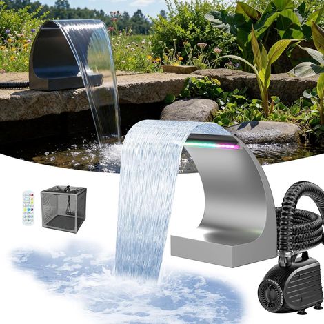 POPOSOAP Kit Cascade de Bassin 200C, Déversoir 20 cm en Inox, Pompe 4500 L/H avec LED, Kit Complet pour Bassins de Jardin, Piscines et Cours (1/5)