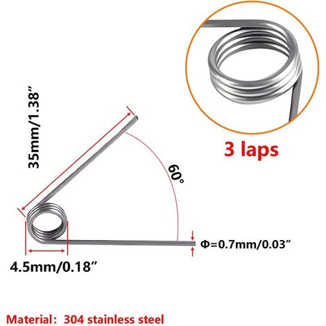 10 Stück V-förmige Torsionsfedern, Edelstahlfeder, 0,7 mm Drahtdurchmesser, 3 Windungen, 60°, 4,5 mm Außendurchmesser, für Reparaturprojekte (1/5)