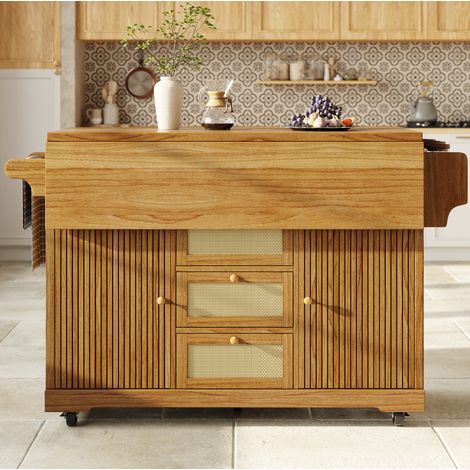 Carrello da cucina pieghevole 142,5x80x95 cm con vano portaoggetti, ruote, in MDF e rattan PE - marrone scuro (1/5)