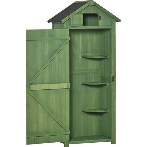 Small Shed, Tall Slim Wooden Garden Shed with 3 Removable Shelves and Roof Hatch, Compact Outdoor Tool Storage Cabinet with Asphalt Roof and Door Latch, 77 x 54.2 x 179 cm, Green