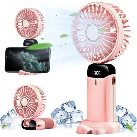 Ventilateur portable, mini ventilateur portable 4000 mAh rechargeable avec 5 vitesses, ventilateur à piles avec affichage LED, rose (1/5)