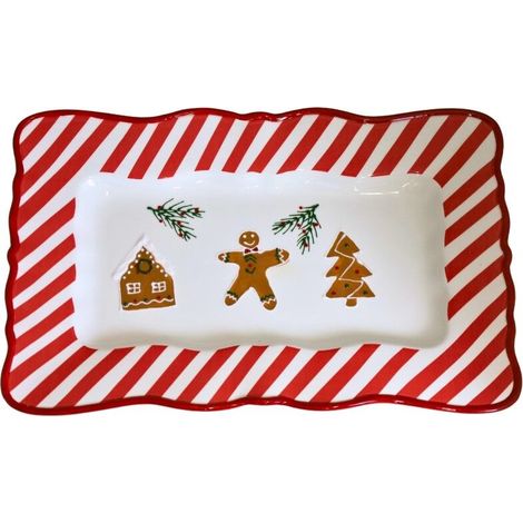 Plato/fuente navideño de cerámica pintado a mano, 39x25x3,5 cm.