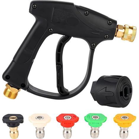 Pistolet de nettoyage haute pression avec 5 embouts de buse d'eau, pistolet de lavage à buse courte, pistolet de lavage de voiture avec interface de tuyau M22 de 14 mm et adaptateur (1/5)