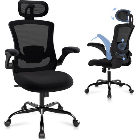 Smartue  Sedia da ufficio – Sedia ergonomica con poggiatesta, supporto lombare, braccioli ripiegabili e funzione dondolo 140°, colore Nero