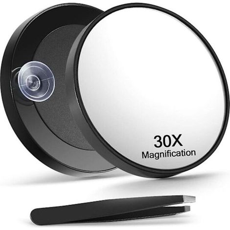 Miroir grossissant x30 avec pince à épiler - Miroir de maquillage grossissant avec 2 ventouses pour la toilette et les voyages (1/5)