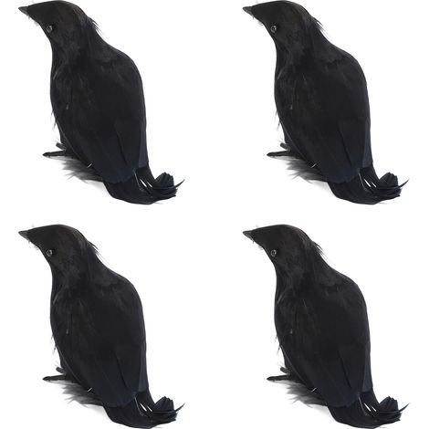 Lot de 4 corbeaux décoratifs d'Halloween, plumes noires synthétiques, accessoires photo réalistes pour bureau et extérieur. (1/5)