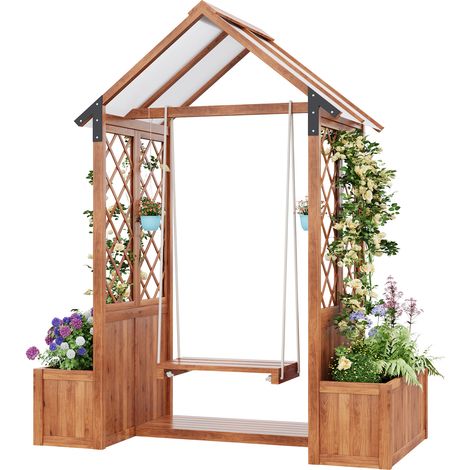 Bac à fleurs avec treillis et balancelle d’extérieur, en bois de sapin brun, toit de protection en polycarbonate, pour jardin et terrasse CHICFURN (1/5)