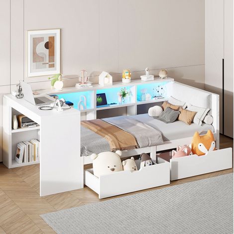 Cama plataforma moderna 90x200 cm blanca en MDF y contrachapado con cabecero tapizado, 2 cajones, estantes, USB y LED (1/5)