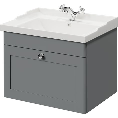 Wholesale Domestic Danbury Satin Grey 600mm Wall Mounted Vanity Unit with 1 Tap Hole Traditional Basin and Single Drawer with Polished Chrome Handle (1/5)