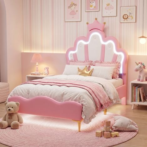 Lit enfant 90x190, Lit simple 90x190, éclairage LED et tête de lit réglable, style Princesse nuage, sommier à lattes, Rosa