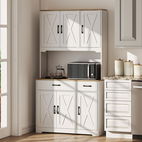Mobile da cucina con 6 ante, piano di lavoro per microonde, 2 cassetti, ripiani regolabili, foro passacavi, colore bianco.